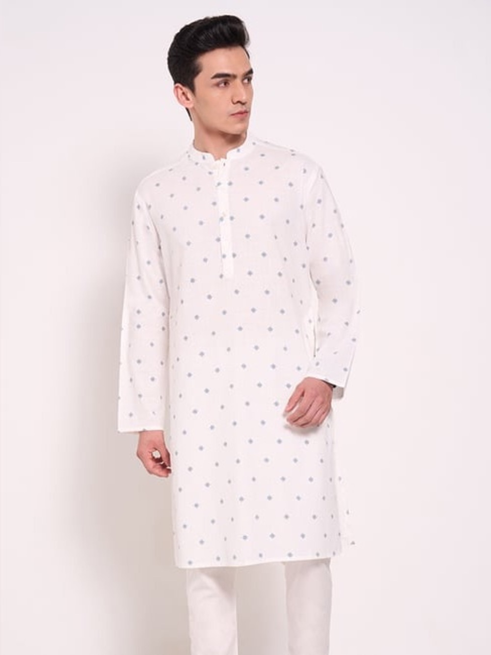 Indus Route Cotton Kurta Tunic White Blue Print Size Small